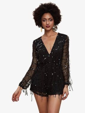 Black Sequin Long-Sleeve Romper